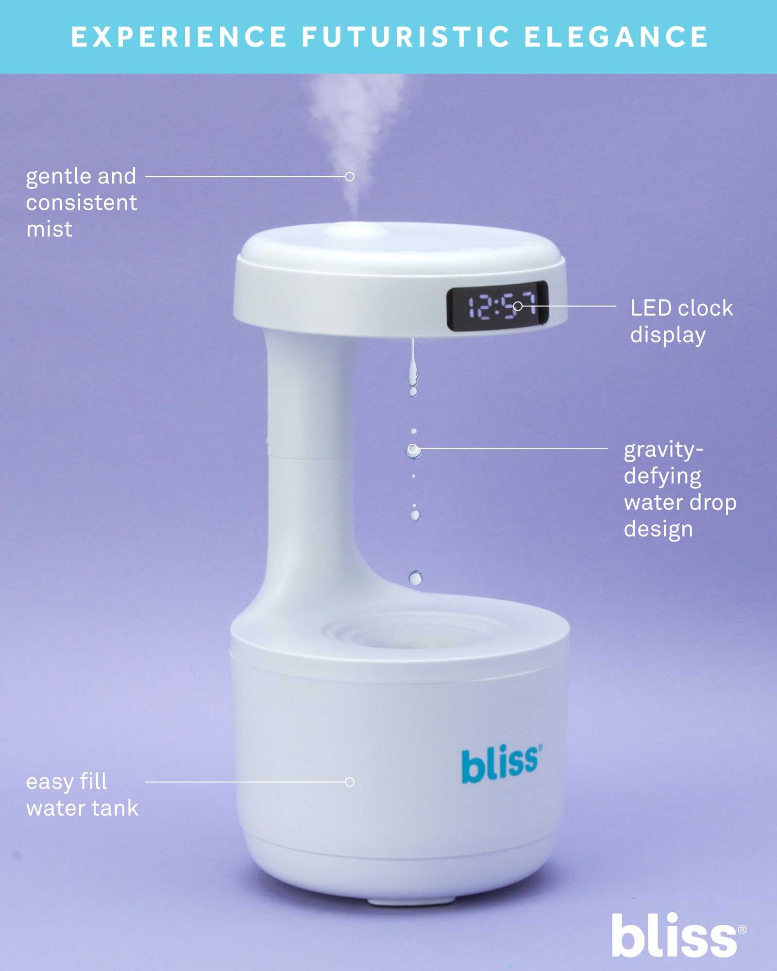 Foto 3 pulgar | Humidificador Bliss Ultrasonic Con Reloj Led De Reflujo Con Gota De Agua - Venta Internacional.