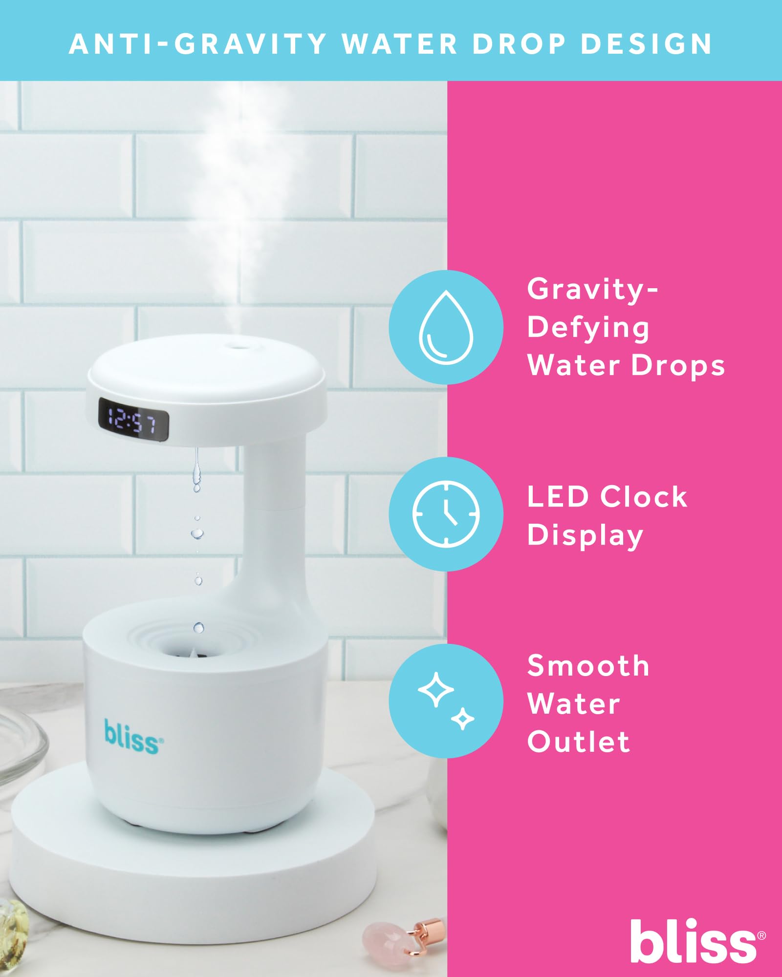 Foto 4 pulgar | Humidificador Bliss Ultrasonic Con Reloj Led De Reflujo Con Gota De Agua - Venta Internacional.