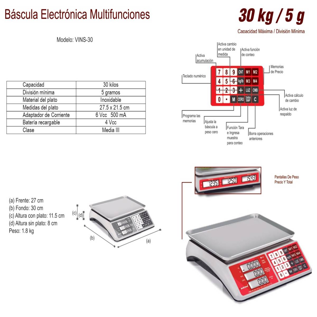 Foto 4 pulgar | Bascula Electrónica Rhino Vinson con Multifuncion de 30 kg