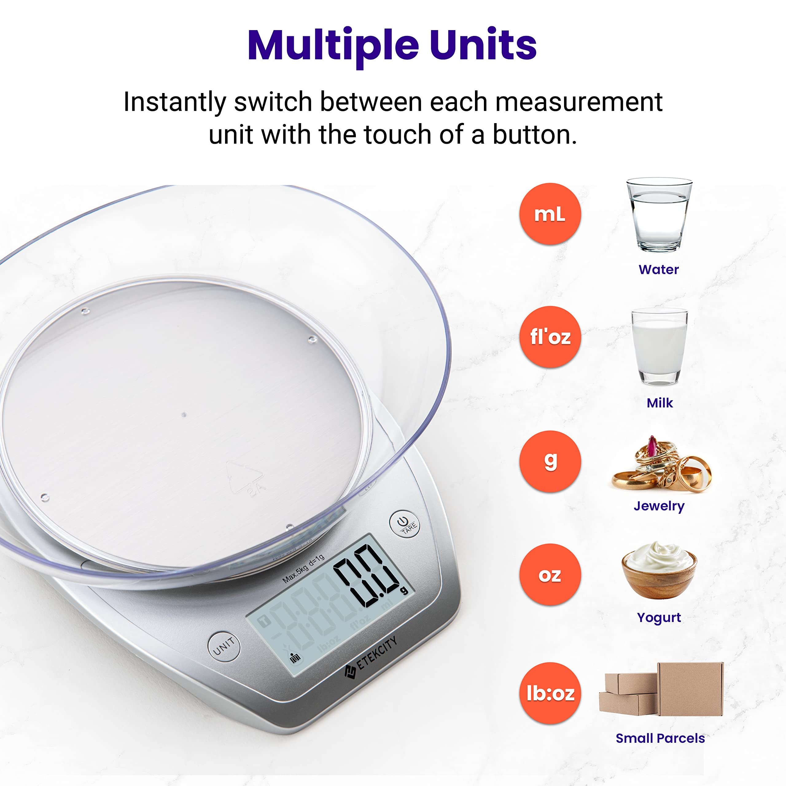 Foto 5 | Báscula De Cocina Etekcity Food De 0,1 G Con Cuenco De Acero Inoxidable De 5 Kg/11 Libras - Venta Internacional.