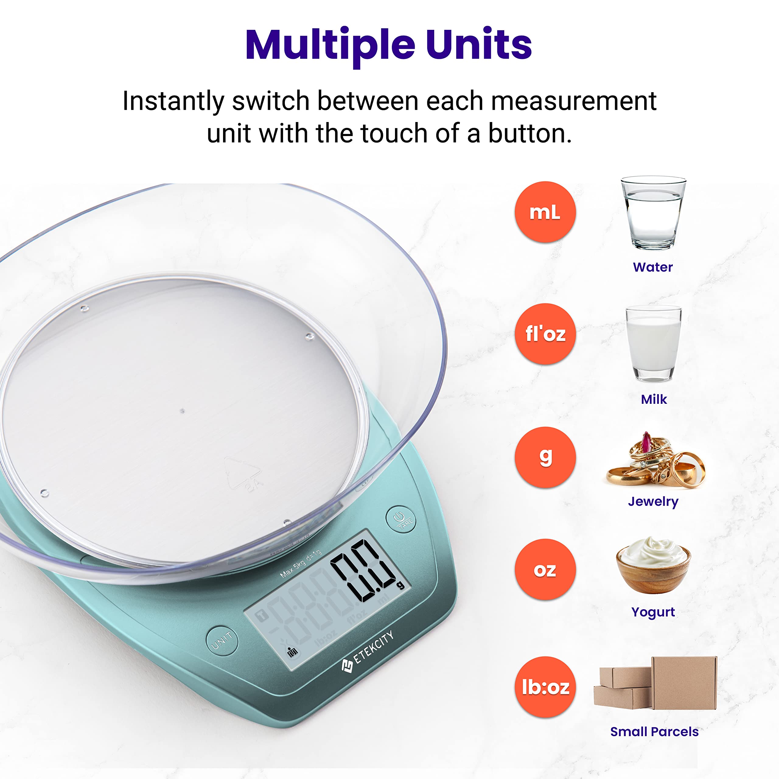 Foto 5 | Báscula Digital Para Alimentos Etekcity, 0,1 G, Con Cuenco De 5 Kg/11 Libras, Color Azul Brillante - Venta Internacion