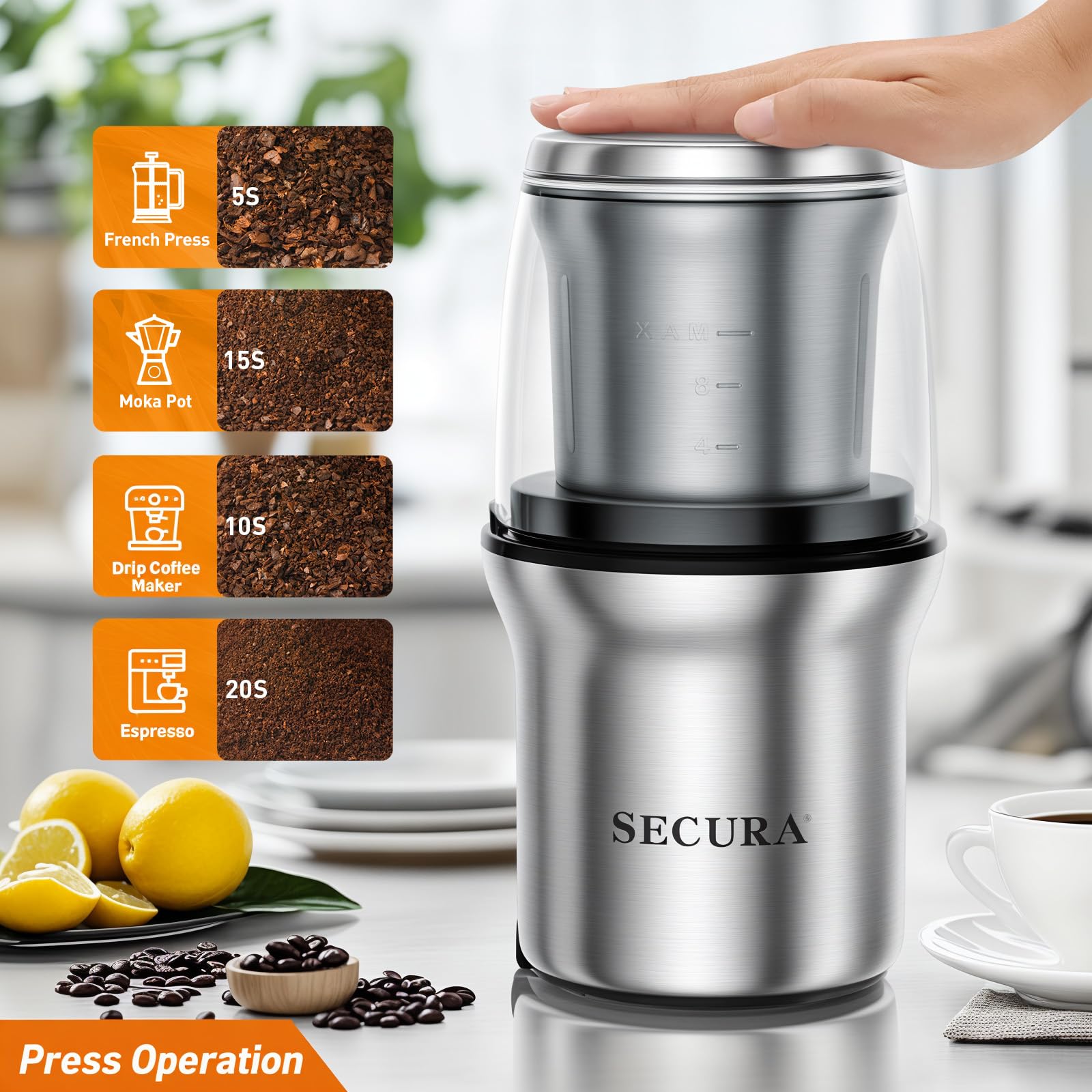 Foto 4 pulgar | Molinillo Eléctrico De Café Y Molinillo De Especias Secura 2 Tazones - Venta Internacional.