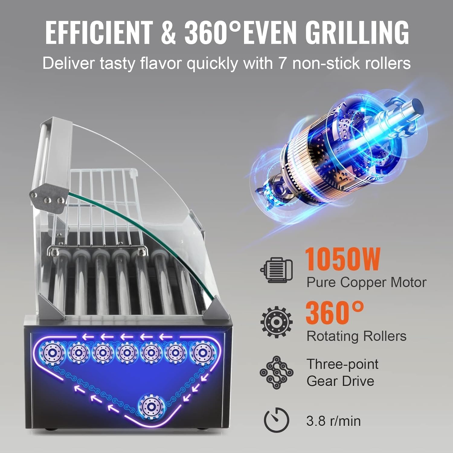Foto 4 | Hot Dog Roller Vevor 18 Hot Dog, Capacidad 7 Rodillos, 1050 W - Venta Internacional.