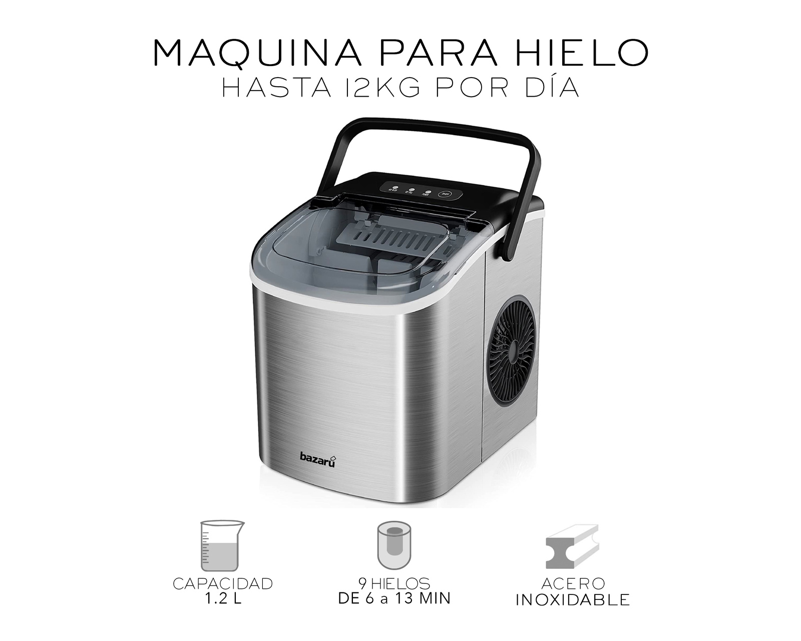 Foto 3 pulgar | Maquina Para Hacer Hielo Portátil Eléctrica 12kg Al Día 1.2l Acero Inoxidable Bazaru Color Negro