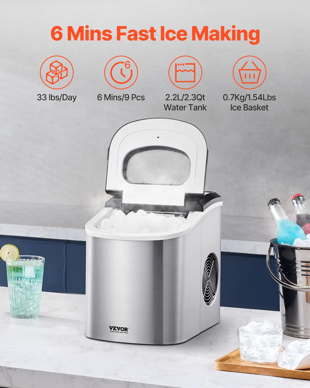 Foto 3 pulgar | Máquina De Hielo Para Encimera Vevor, 33 Kg, Autolimpiante Con Cuchara, 2 Tamaños - Venta Internacional.