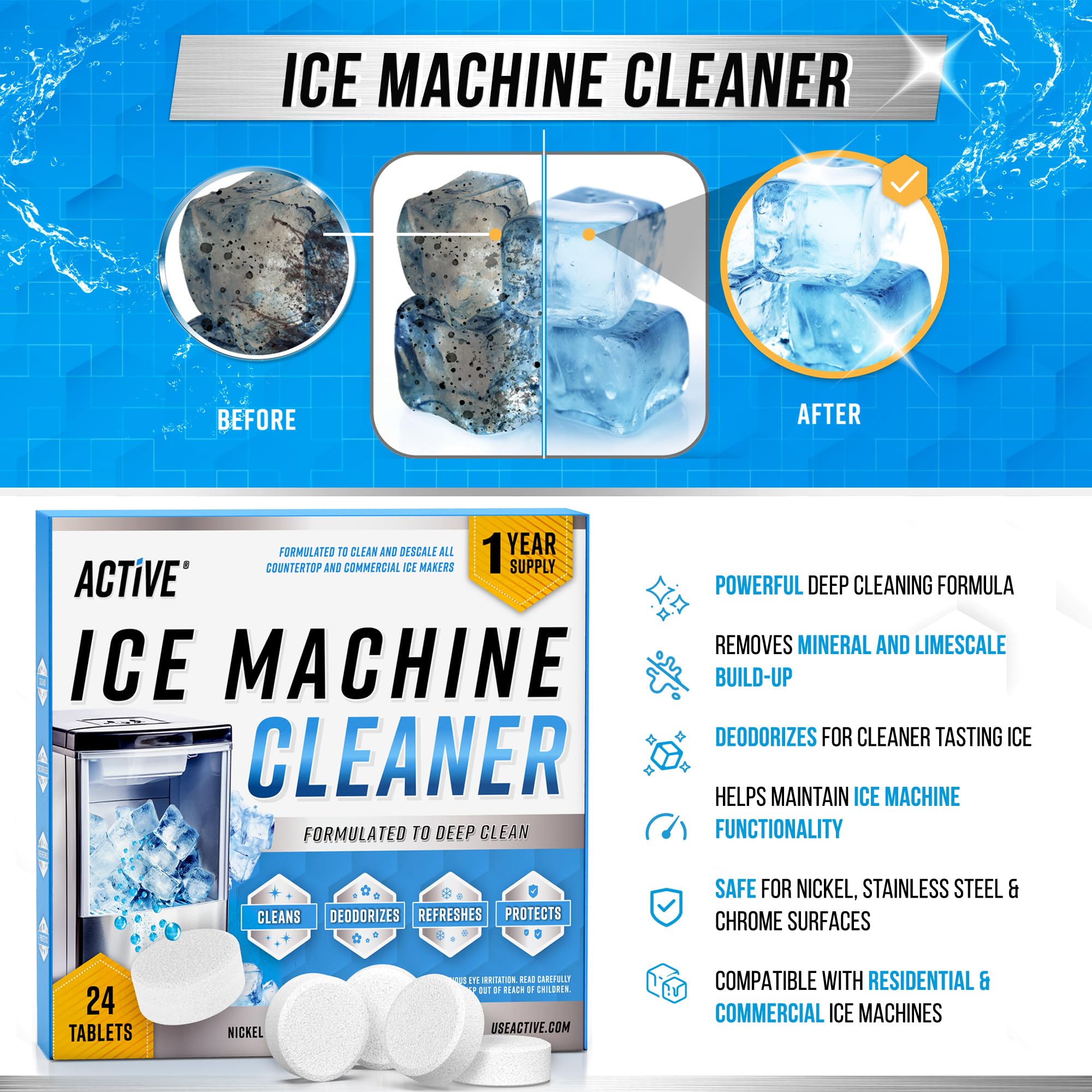 Foto 3 pulgar | Tabletas Limpiadoras Para Máquinas De Hielo Active, 24 Tabletas, Suministro De 1 Año - Venta Internacional.