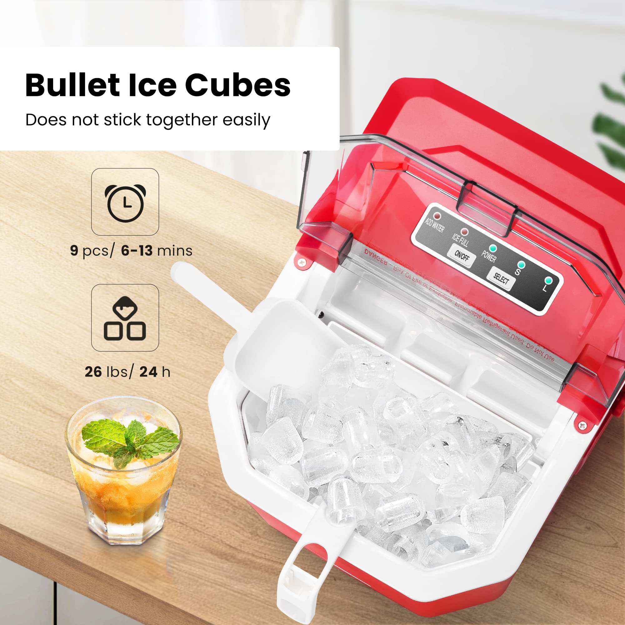 Foto 4 pulgar | Máquina Para Hacer Cubitos De Hielo Vivohome, Eléctrica, Portátil, 26.5 Libras/día, Roja - Venta Internacional.