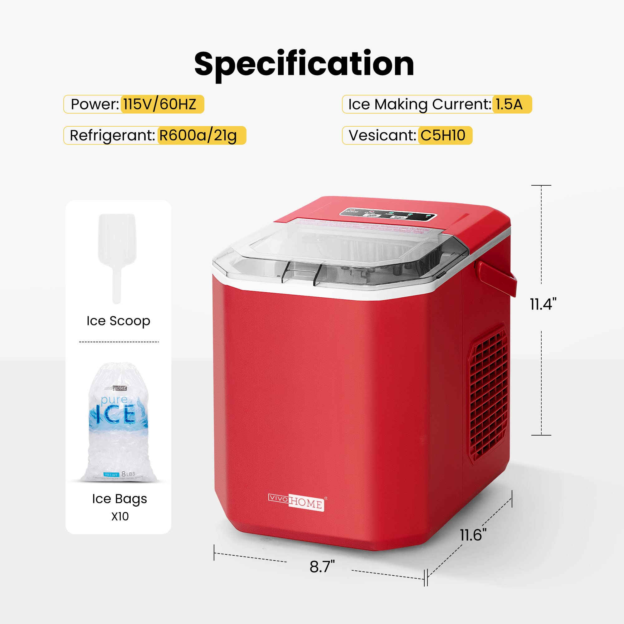 Foto 7 | Máquina Para Hacer Cubitos De Hielo Vivohome, Eléctrica, Portátil, 26.5 Libras/día, Roja - Venta Internacional.