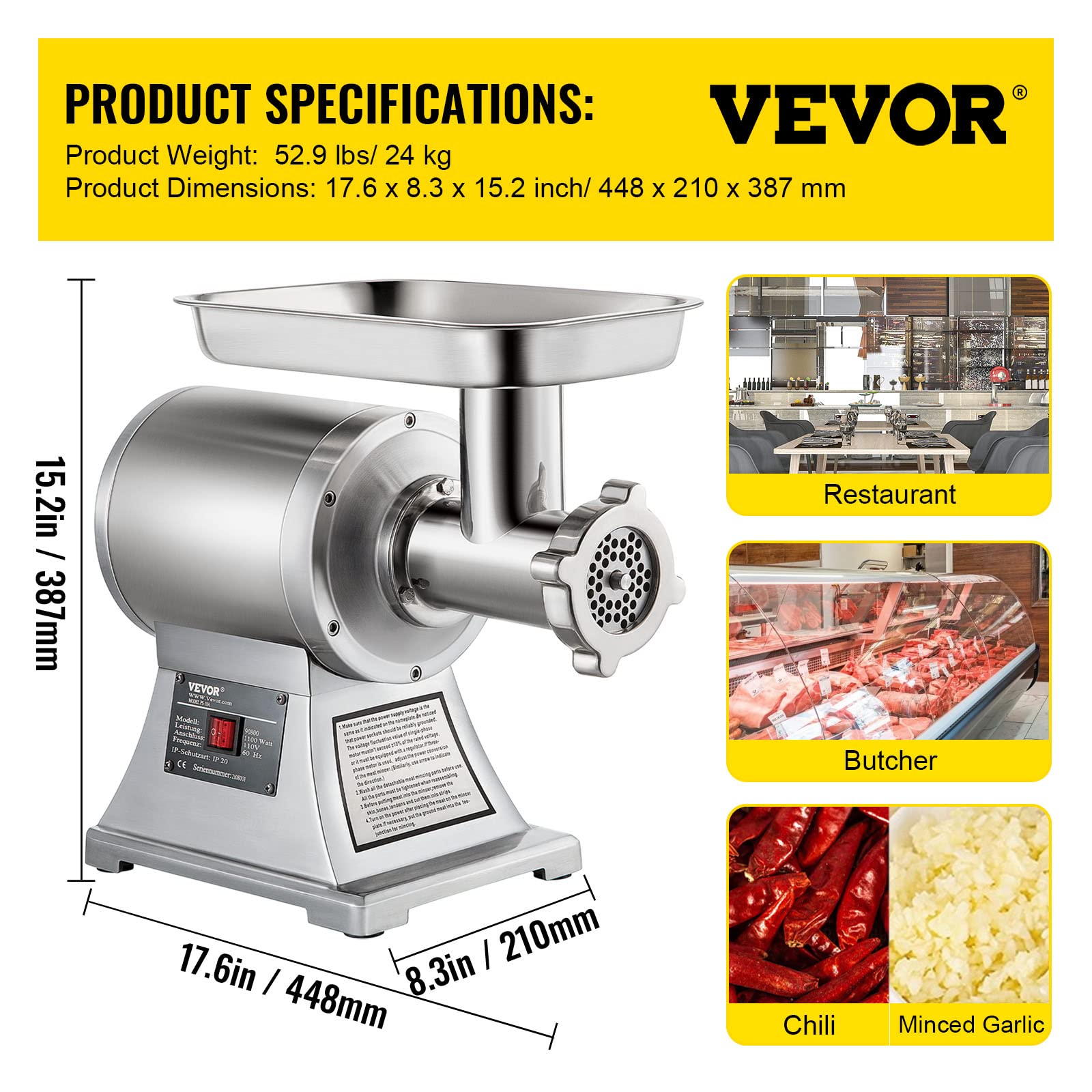 Foto 8 pulgar | Picadora De Carne Vevor Commercial 550 Lb/h 1100w Eléctrica Etl - Venta Internacional.