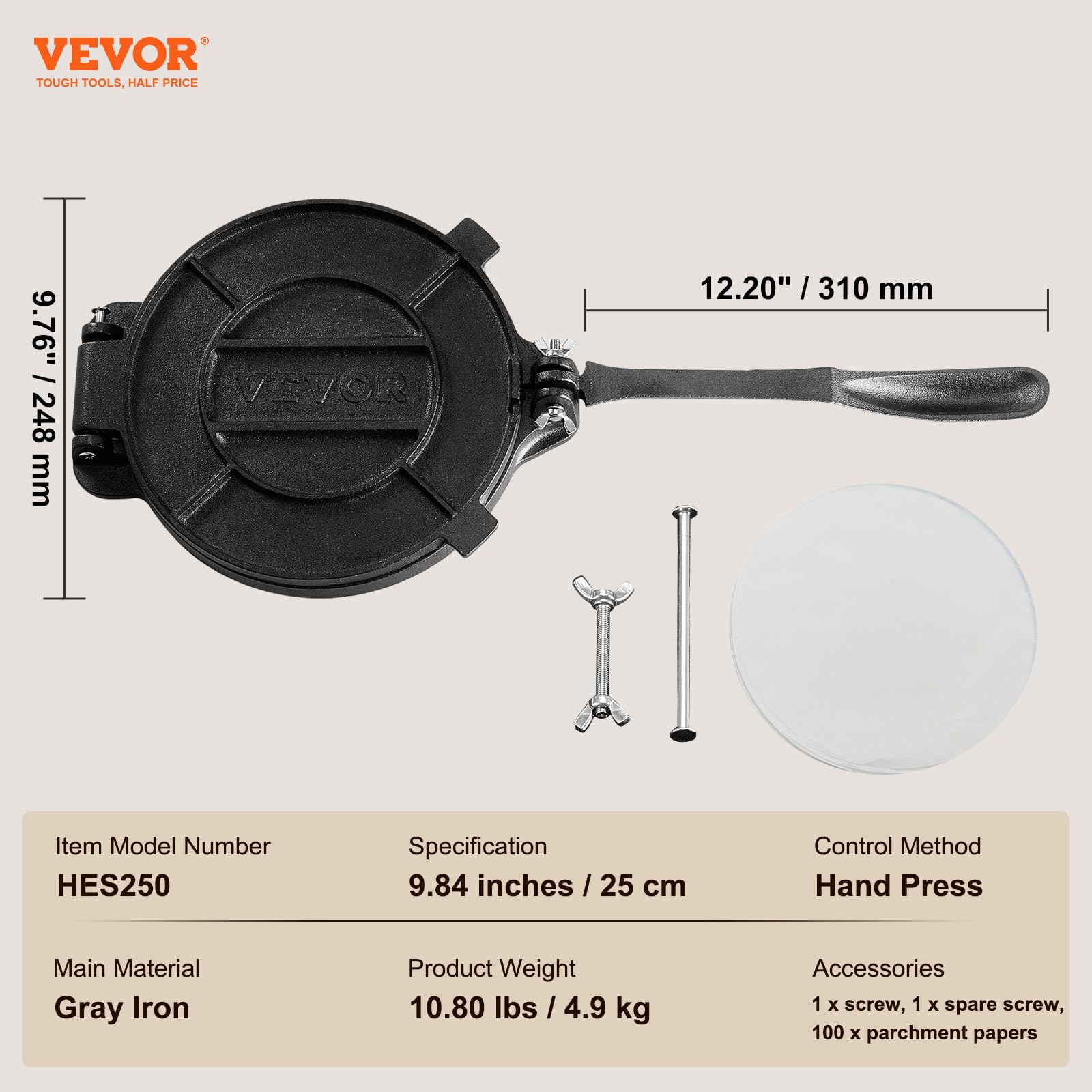 Foto 7 | Prensa Para Tortillas Vevor, Hierro Fundido, 10 Pulgadas, Color Plateado - Venta Internacional.