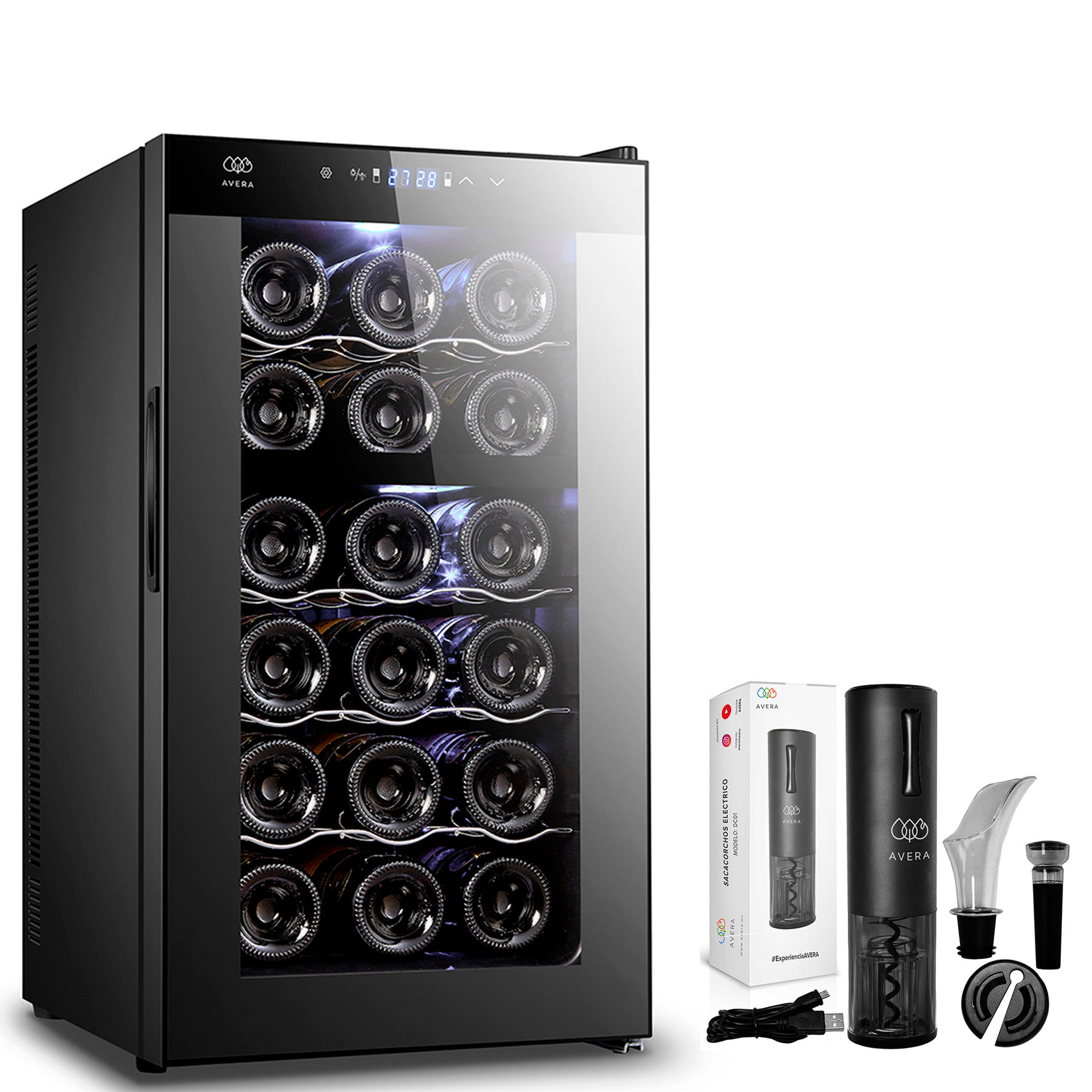 Foto 1 | Combo Cava Enfriadora para 18 Botellas de Vinos y Sacacorchos Eléctrico Avera Ev18dc01 color Negro