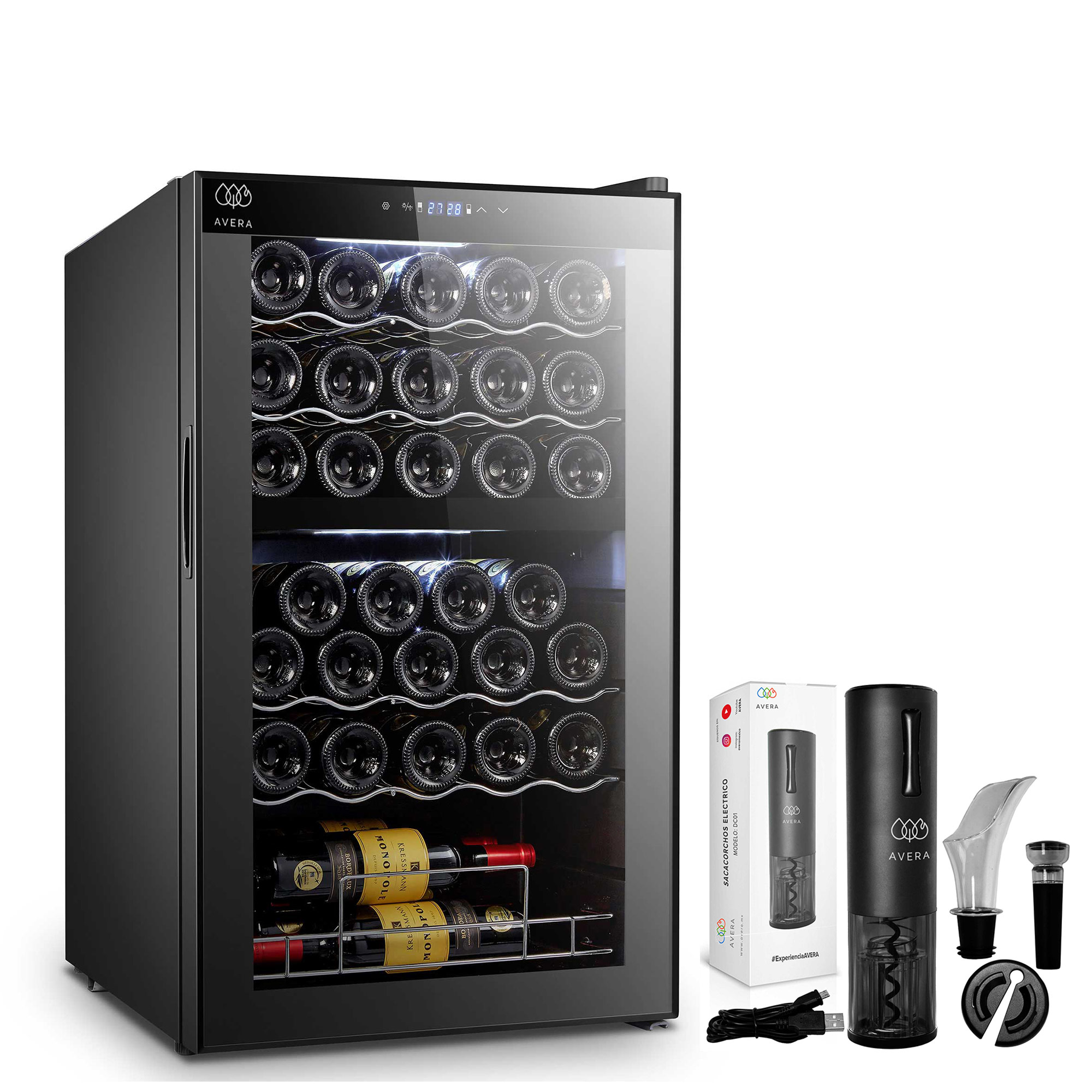 Combo Cava Enfriadora para 33 Botellas de Vinos y Sacacorchos Eléctrico Avera Ev33dc01 color Negro