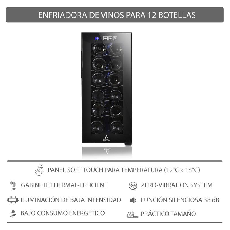 Foto 4 pulgar | Enfriador De Vinos Supra Cava-12b Termoeléctrico 12 Botellas  Cristal Templado  Panel Touch