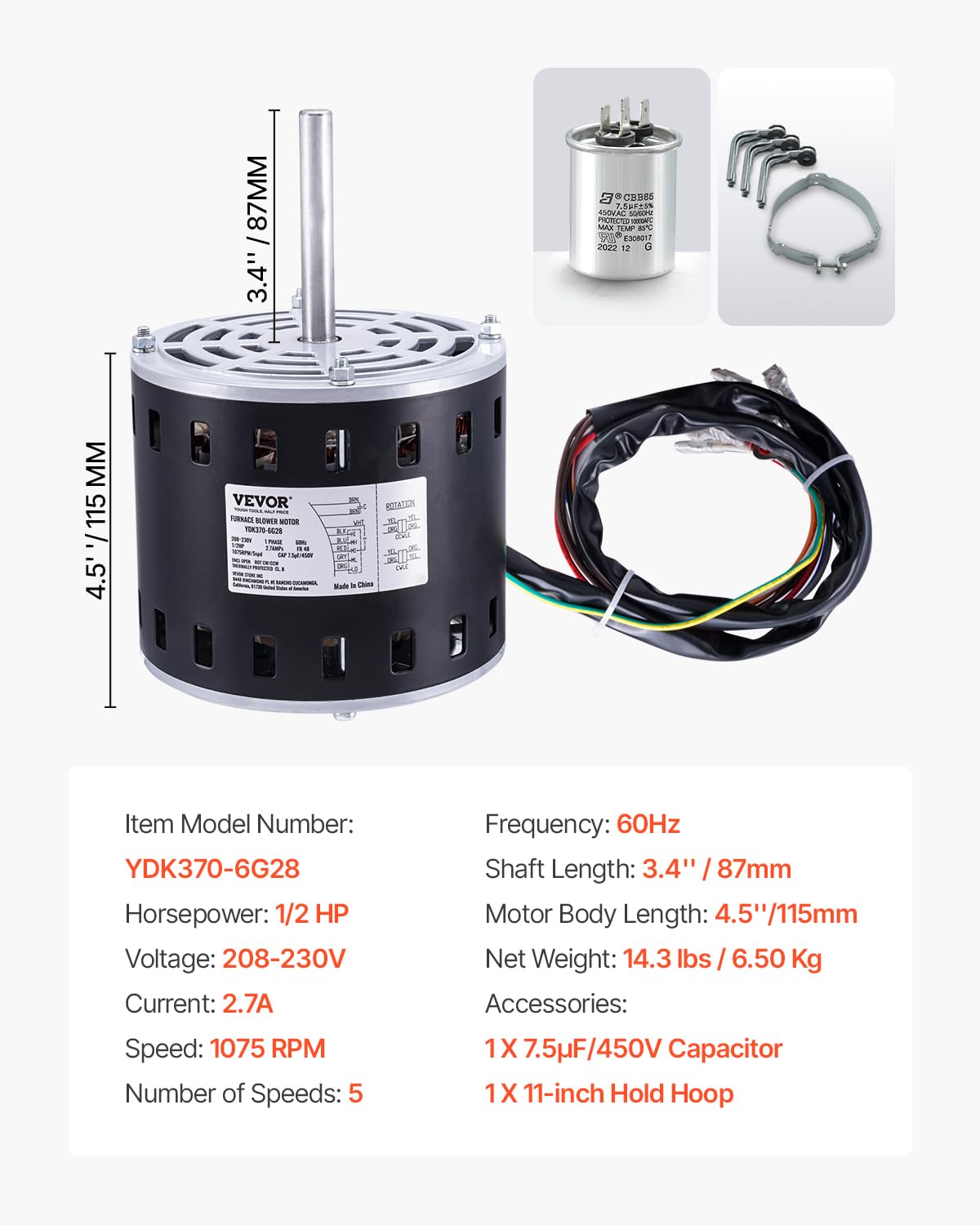Foto 8 pulgar | Motor Soplador De Horno Vevor, 1/2 Hp, 1075 Rpm, 5 Velocidades, 208/230 V - Venta Internacional.