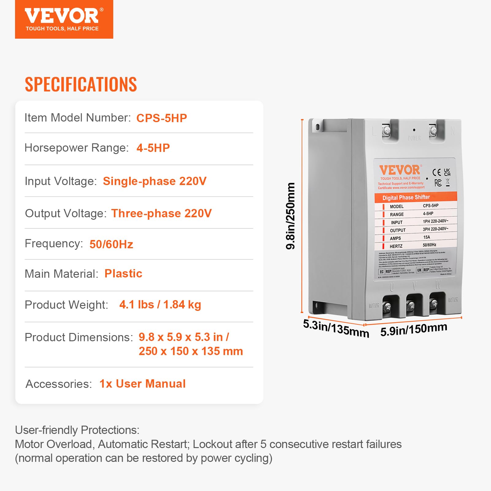Foto 8 pulgar | Convertidor De Fase Vevor 5hp 15a Monofásico A Trifásico 220v - Venta Internacional.