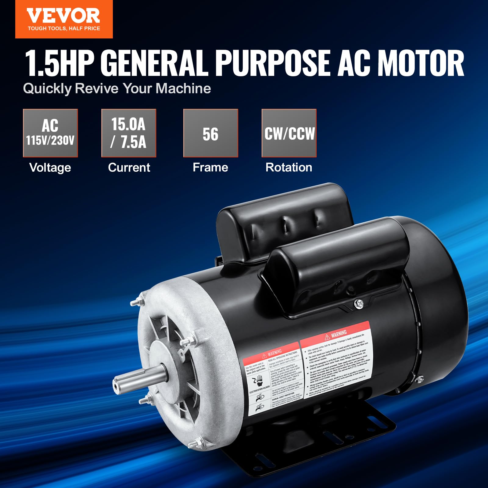 Foto 3 pulgar | Motor Eléctrico Vevor 1.5hp 3450 Rpm 115v/230v 56 Chasis - Venta Internacional.