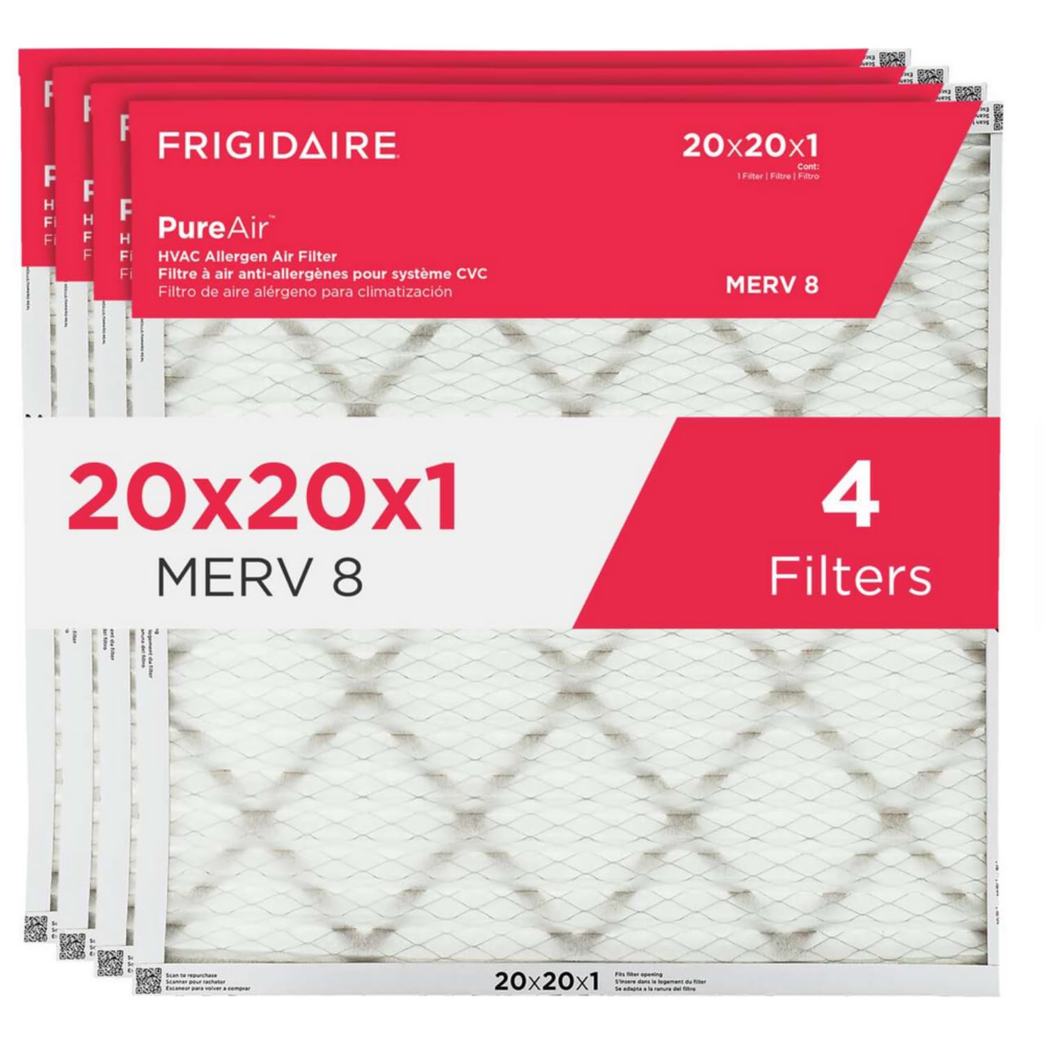 Filtro De Aire Frigidaire Pureair  Merv 8 Allergen 20x20x1, Paquete De 4 - Venta Internacional.