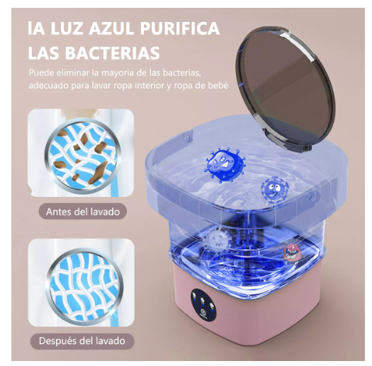 Foto 4 pulgar | Mini Lavadora Secadora Portátil Wünd Rosa 10630COP Luz Azul Plegable