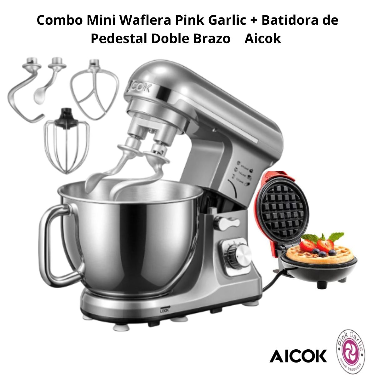 Foto 2 | Mini Waflera Pink Garlic Batidora De Pedestal Doble Brazo Plata Aicok Mk-37