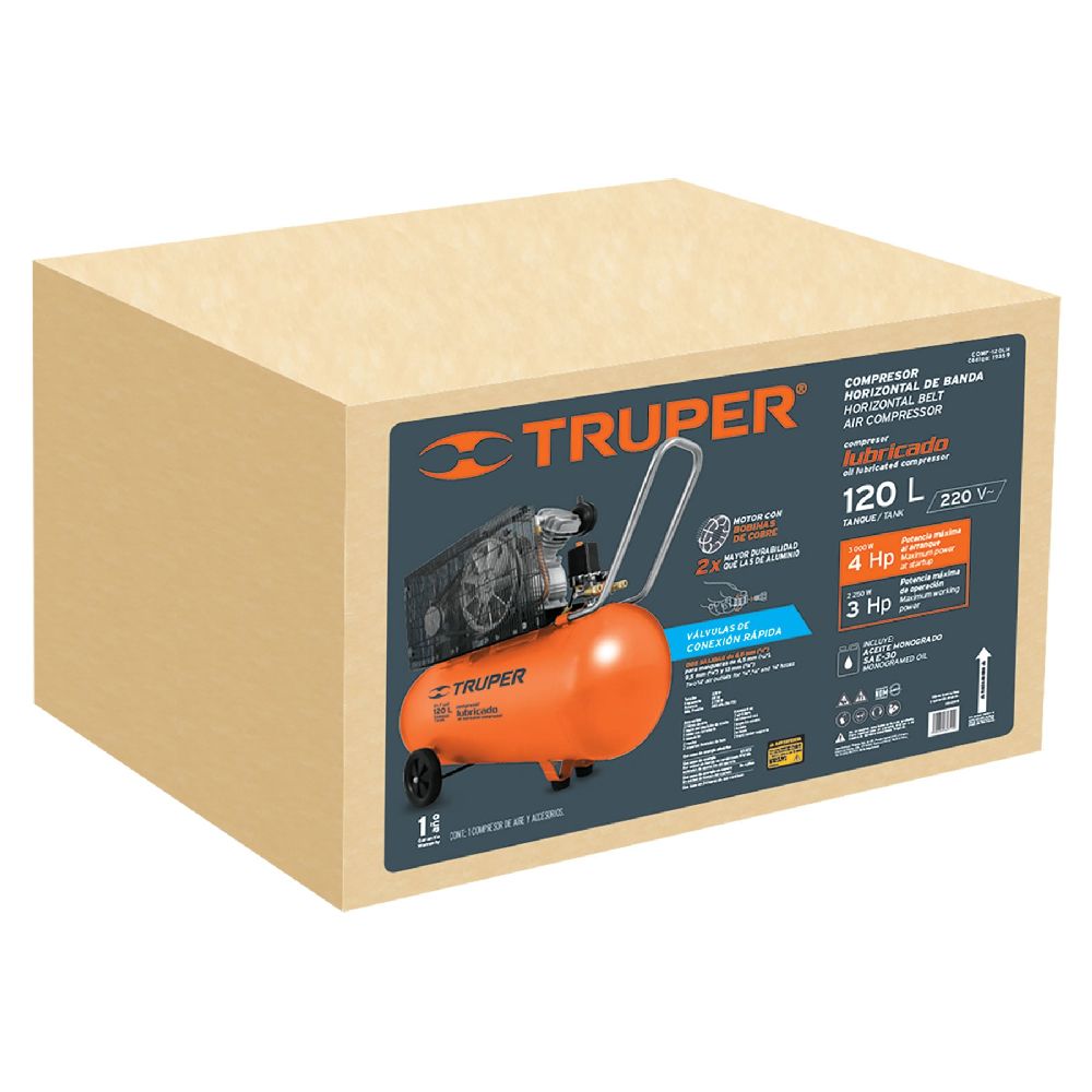 Foto 3 pulgar | Compresor Horizontal 120 L Truper Comp-120LH color Naranja 4 HP 220 V