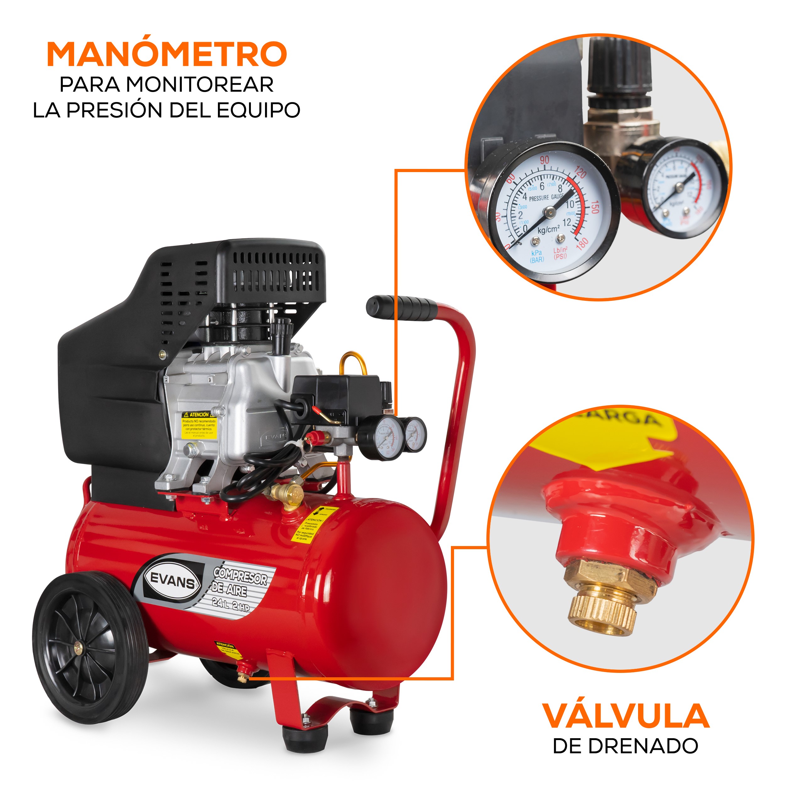 Foto 2 | Compresor Coaxial Lubricado Evans Rojo 2 HP Tanque 24 Litros 110V