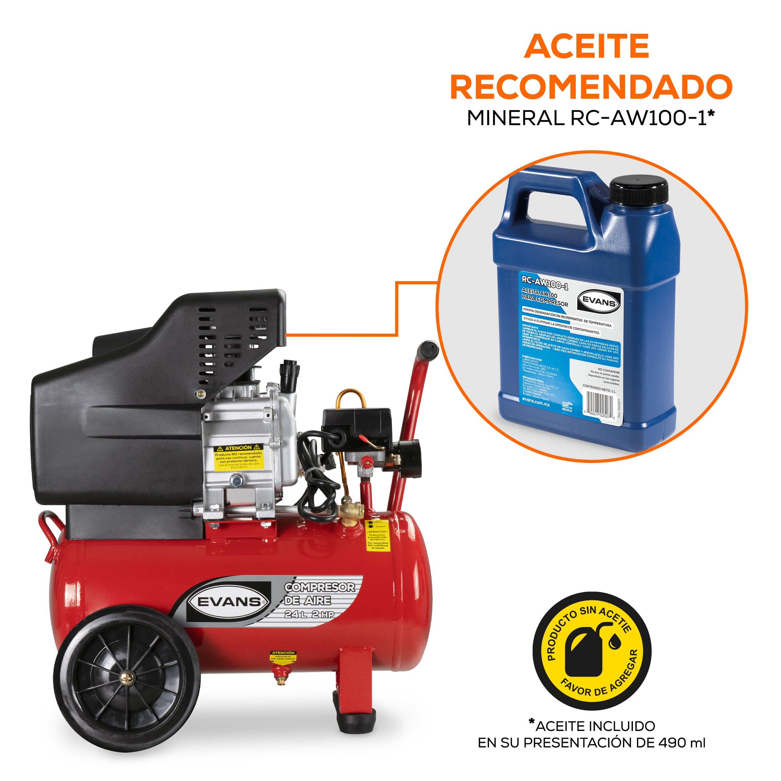 Foto 4 pulgar | Compresor Coaxial Lubricado Evans Rojo 2 HP Tanque 24 Litros 110V
