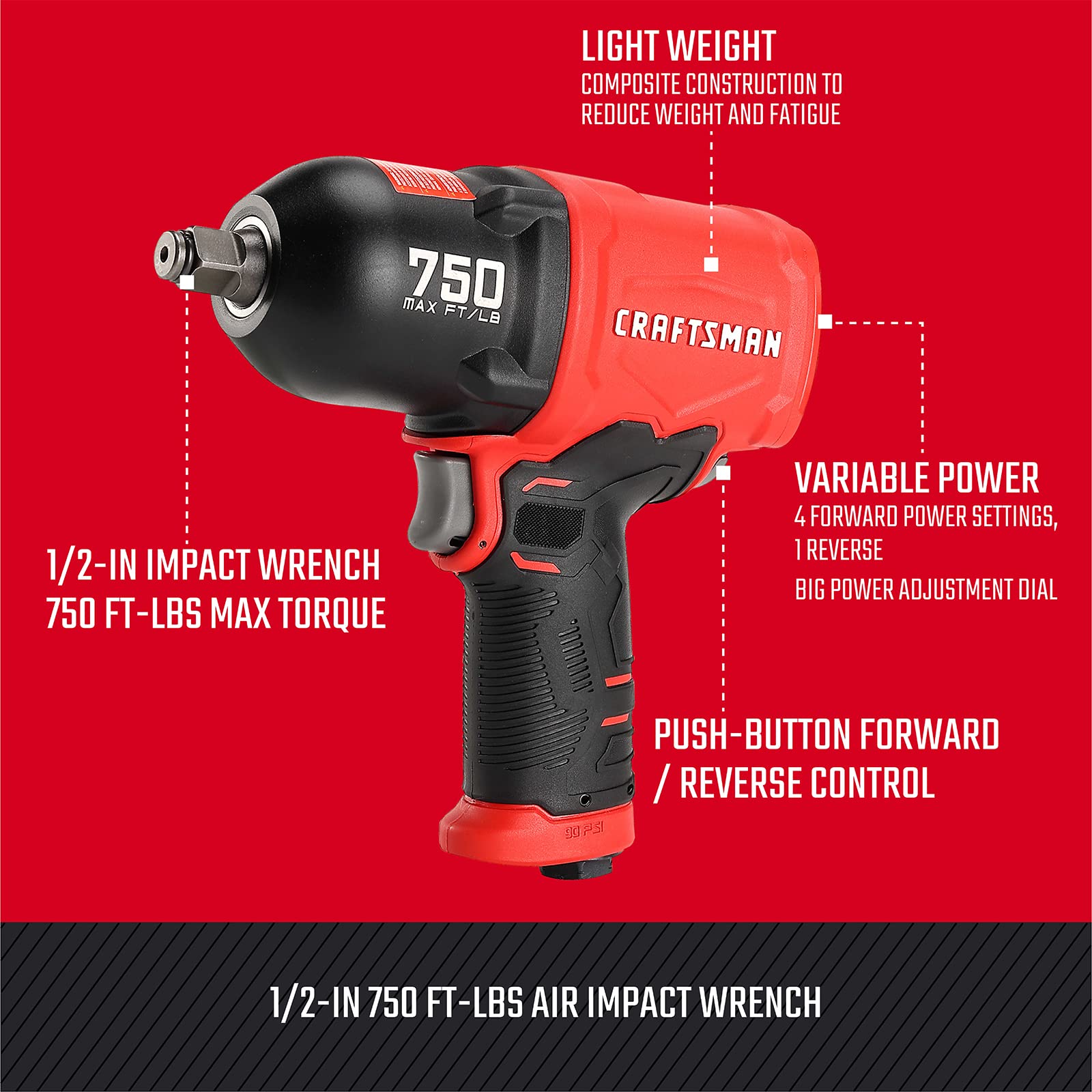 Foto 2 | Llave Neumática De Impacto Craftsman Cmxptsg1003nb, 1/2 Pulgada, 750 Pies-libras - Venta Internacional.