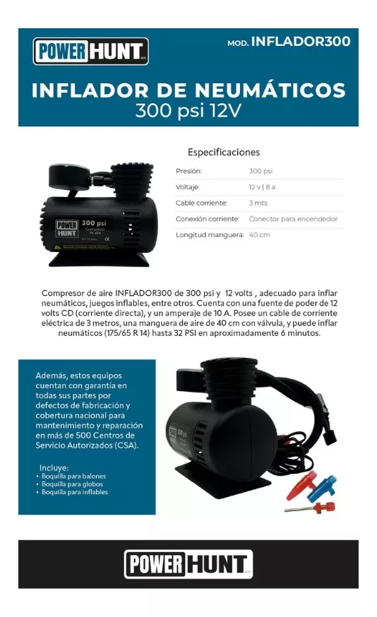Foto 8 pulgar | Minicompresor de Aire Power Hunt Inflador 300 PSI Negro 12v