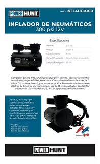 Foto 7 | Minicompresor de Aire Power Hunt Inflador 300 PSI Negro 12v