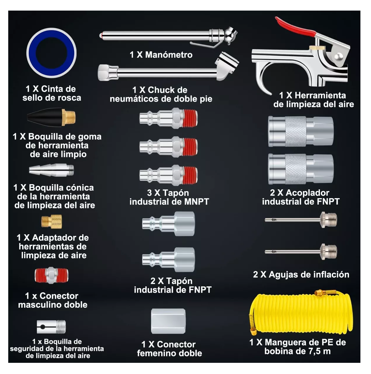 Foto 3 pulgar | Kit Accesorios Aire Para Compresor Con Manguera Belug 20 Piezas