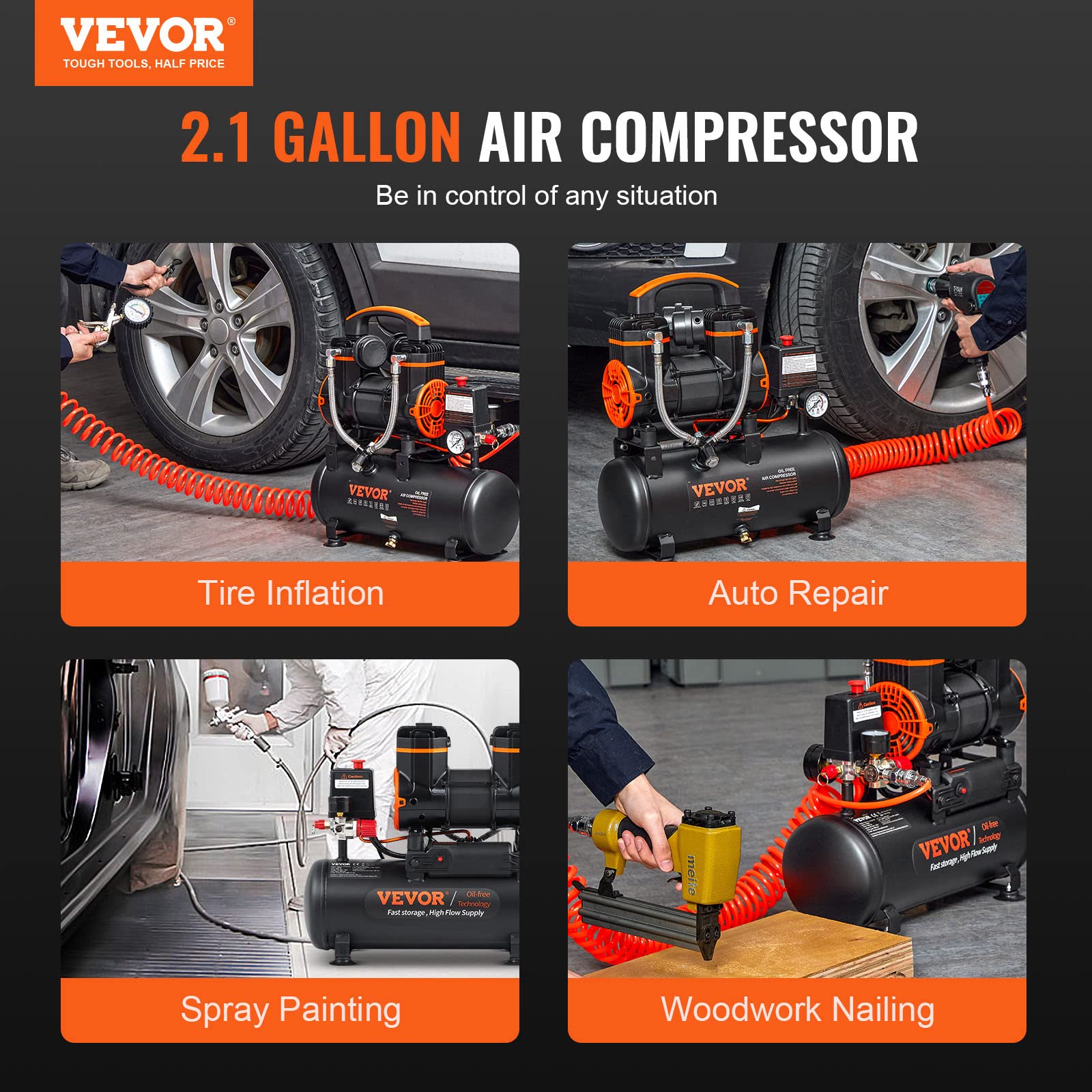 Foto 7 pulgar | Compresor De Aire Vevor 8l 1.2hp 2.2 Cfm @90psi 116psi Sin Aceite - Venta Internacional.