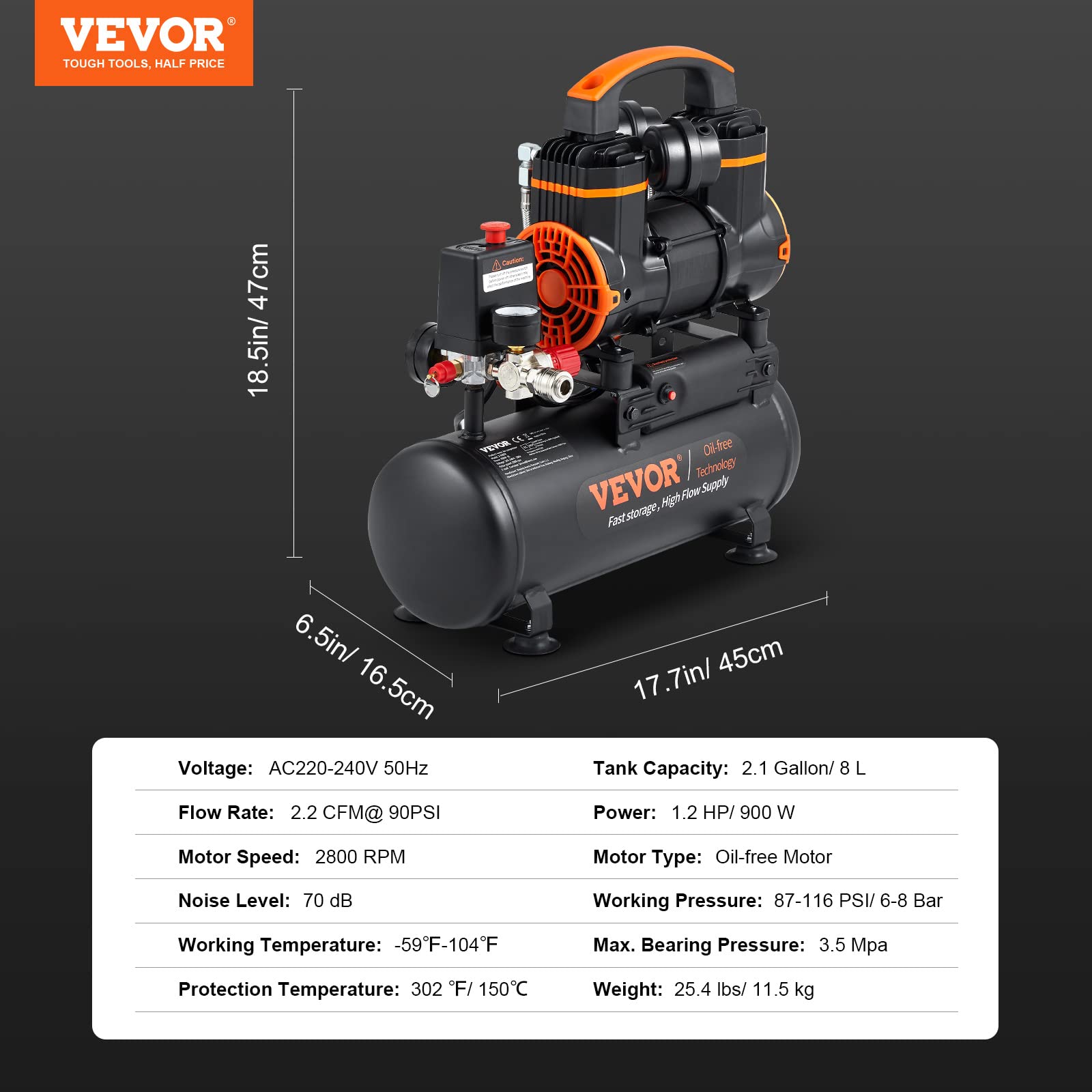 Foto 8 pulgar | Compresor De Aire Vevor 8l 1.2hp 2.2 Cfm @90psi 116psi Sin Aceite - Venta Internacional.