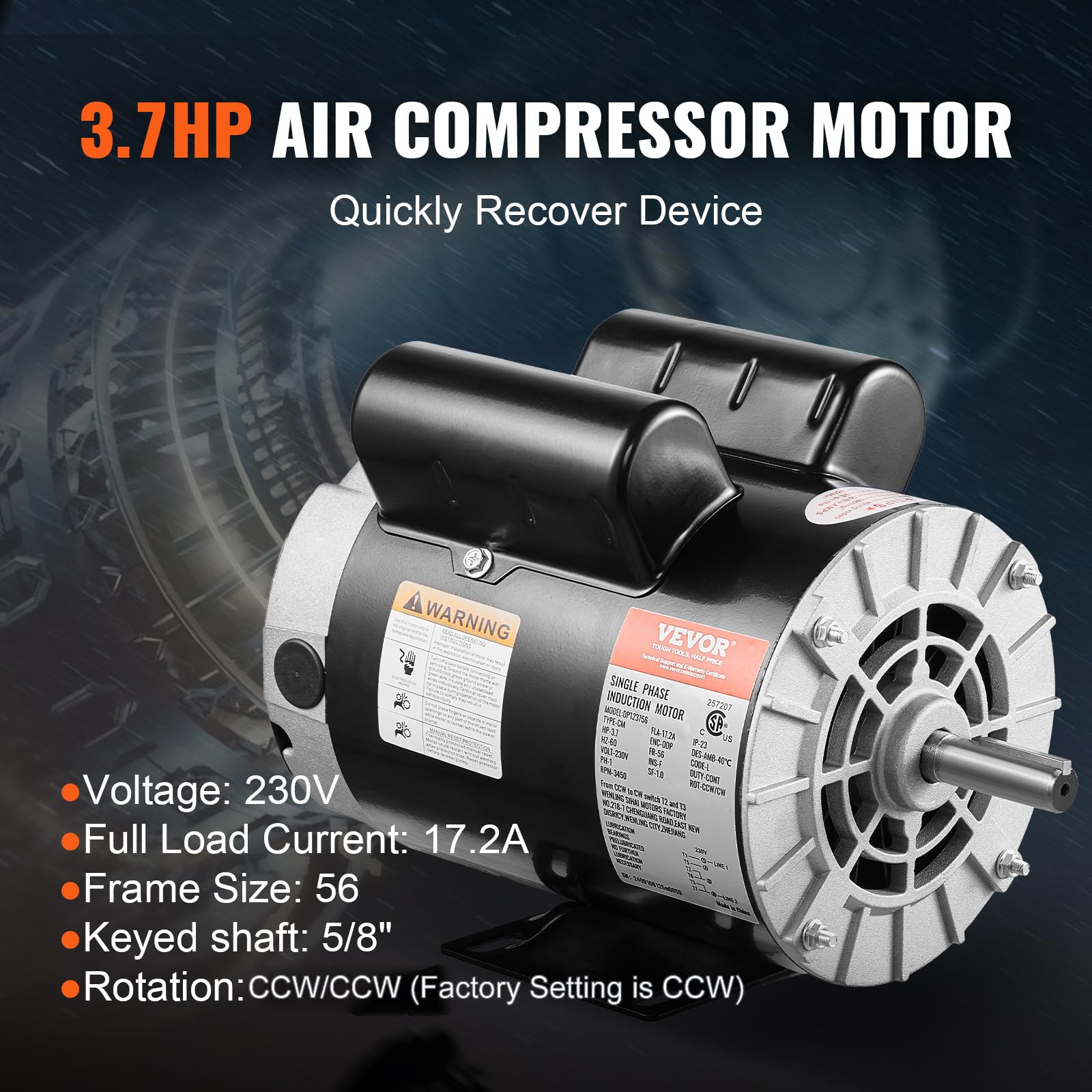 Foto 3 pulgar | Motor De Compresor De Aire Vevor 3.7hp 3450rpm 230v 17.2a 56 Chasis - Venta Internacional.