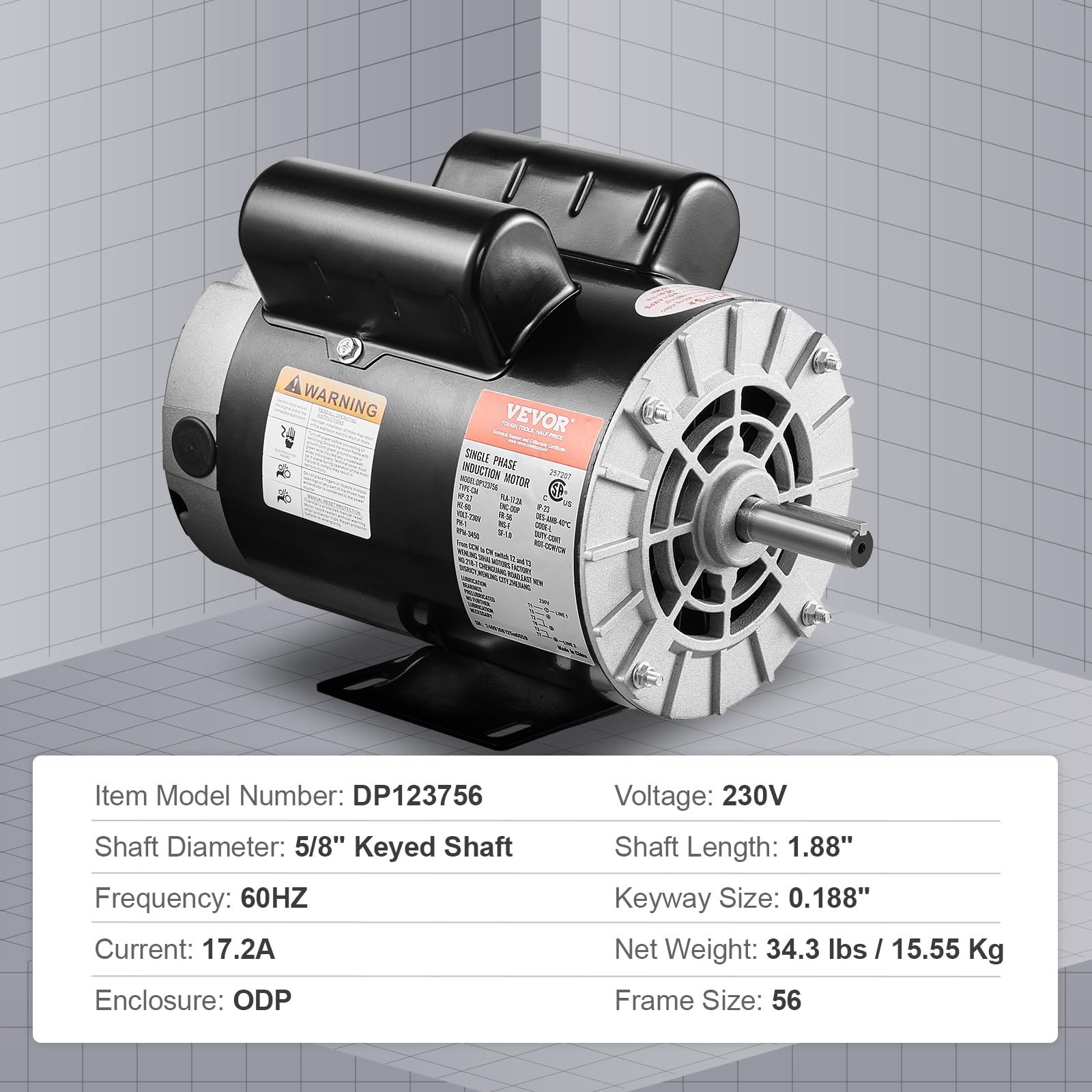 Foto 8 pulgar | Motor De Compresor De Aire Vevor 3.7hp 3450rpm 230v 17.2a 56 Chasis - Venta Internacional.