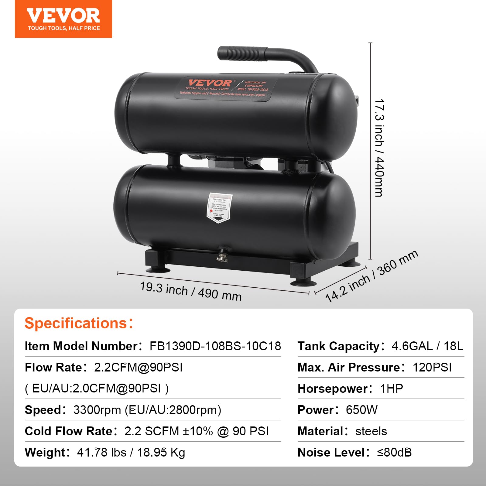 Foto 8 pulgar | Compresor De Aire Vevor Con Tanque De Acero De 4.6 Galones, 1 Hp, 2.2 Cfm @90 Psi - Venta Internacional.