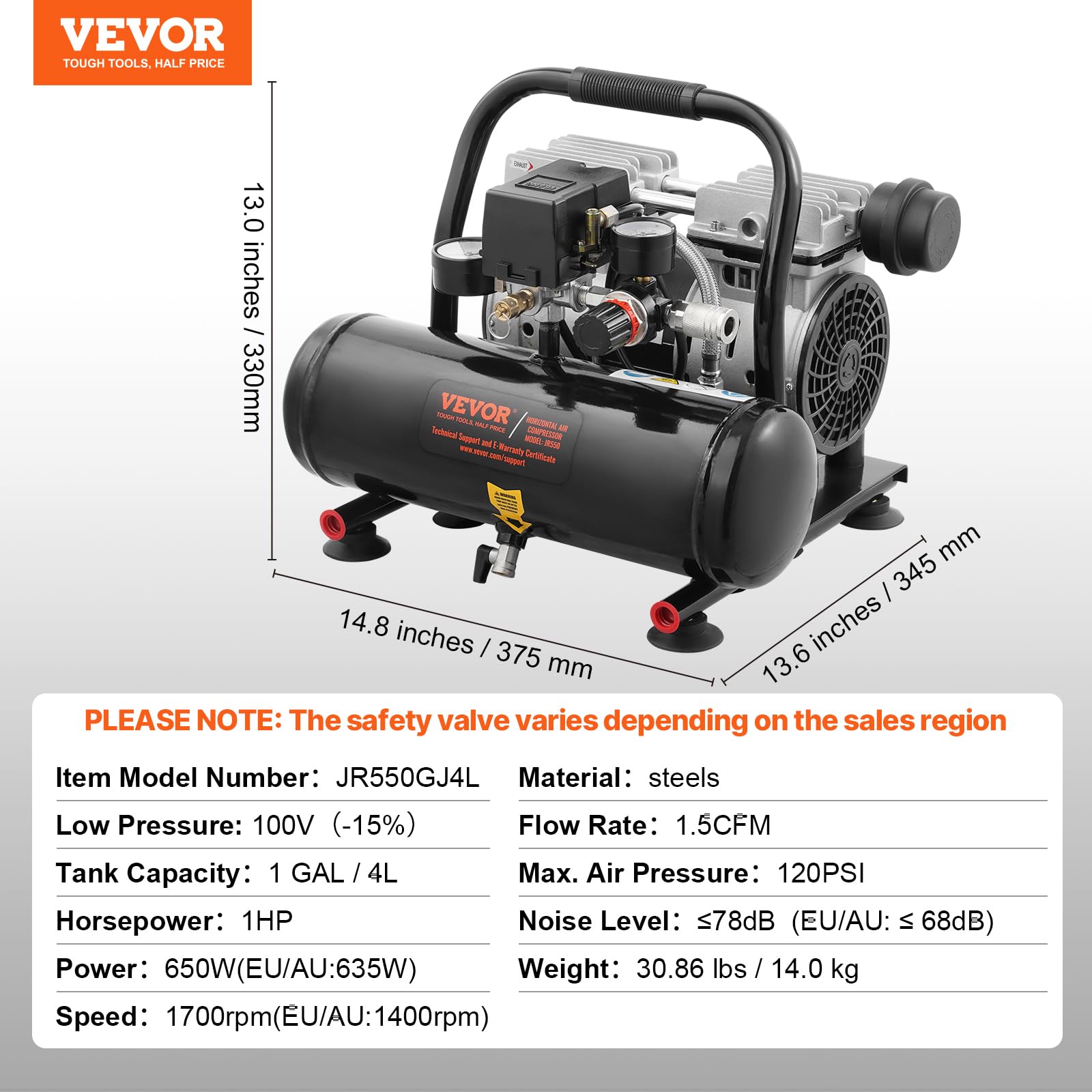 Foto 8 pulgar | Compresor De Aire Vevor, Tanque De Acero De 1 Galón, 1 Hp, 1.5 Cfm, 120 V - Venta Internacional.