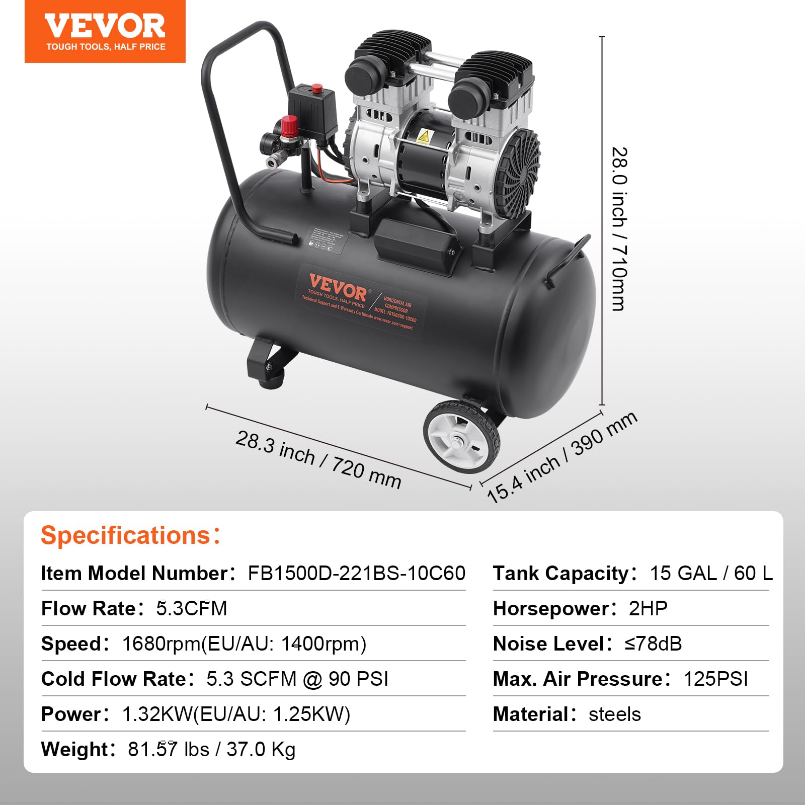 Foto 8 pulgar | Compresor De Aire Vevor Con Tanque De Acero De 15 Galones, 2 Hp, 5.3 Cfm, 125 Psi - Venta Internacional.