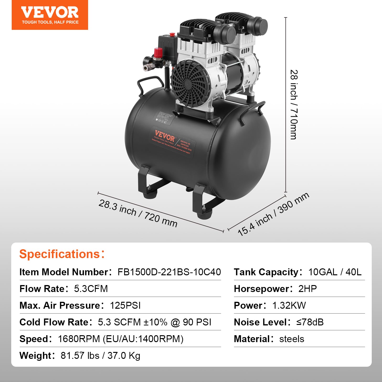 Foto 8 pulgar | Compresor De Aire Vevor Con Tanque De Acero De 10 Galones, 2 Hp, 5.3 Cfm, 125 Psi - Venta Internacional.