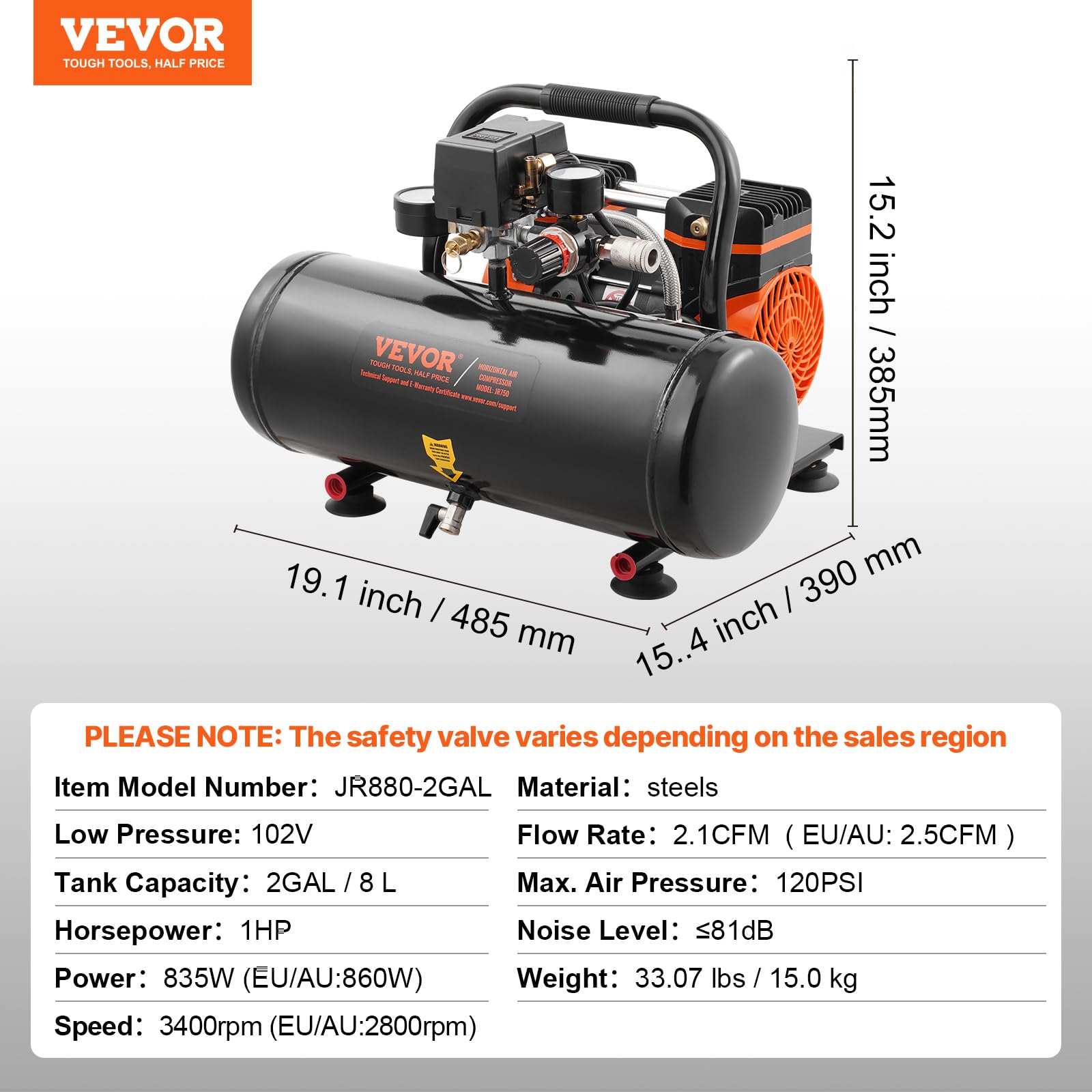Foto 8 pulgar | Compresor De Aire Vevor, Tanque De Acero De 2 Galones, 1 Hp, 2.1 Cfm, 120 V - Venta Internacional.