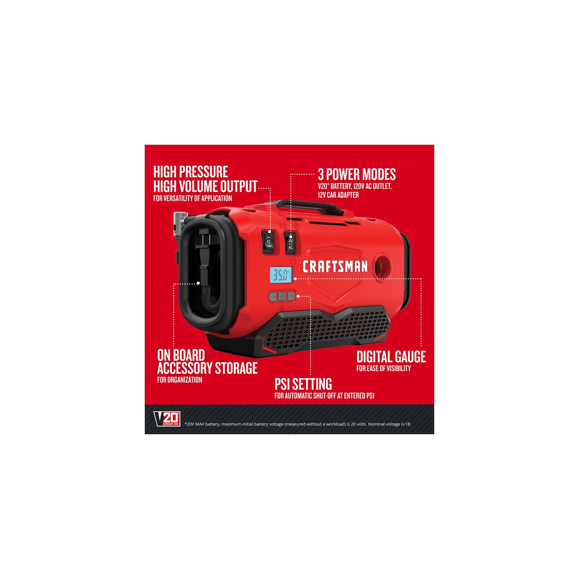 Foto 3 pulgar | Inflador De Neumáticos Craftsman V20, Compresor De Aire Portátil, 3 Modos - Venta Internacional.