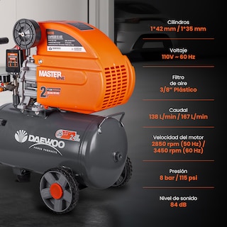 Foto 5 | Compresor De Aire Lubricado Horizontal 24l 2hp 110v 115psi (+kit) Daewoo