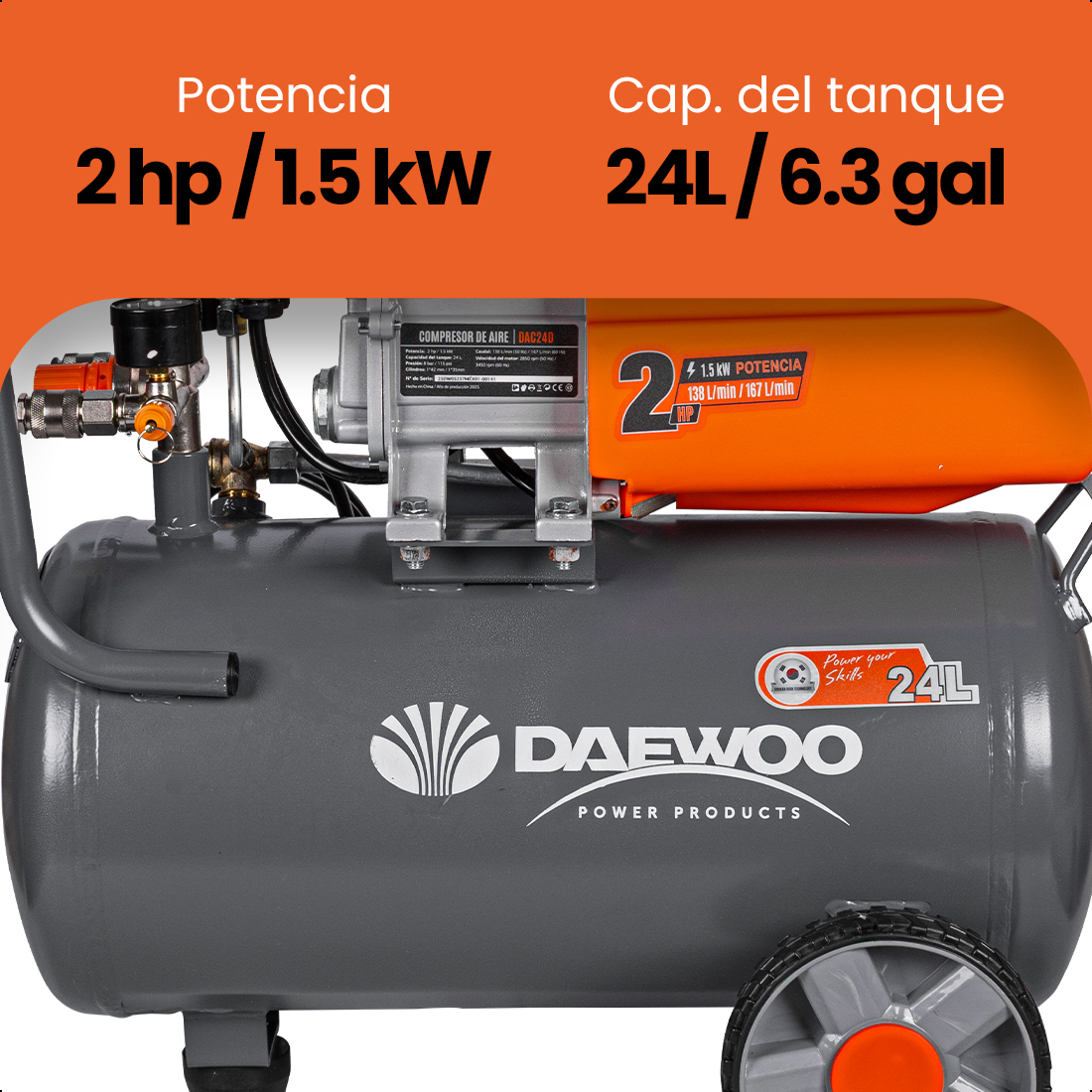 Foto 7 pulgar | Compresor De Aire  Lubricado  Horizontal 24l 2hp 110v 115psi (+kit) Daewoo