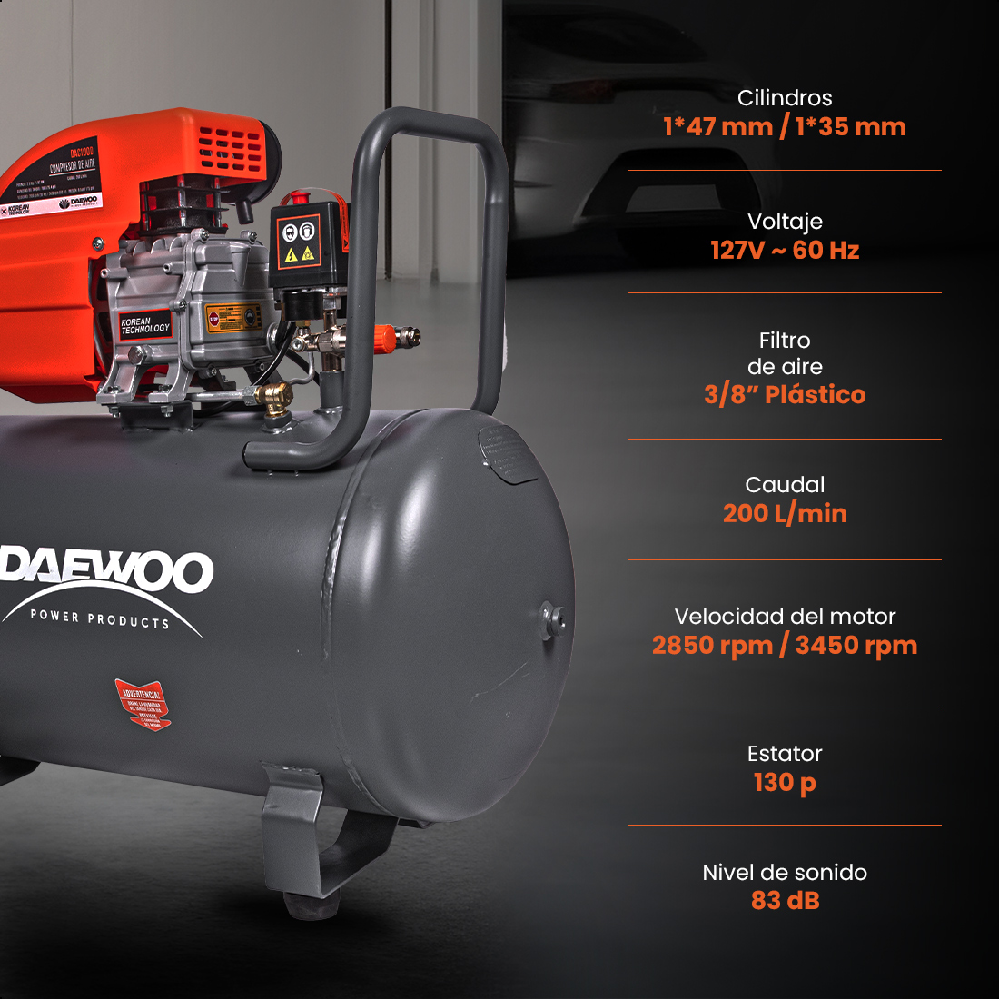 Foto 6 pulgar | Compresor De Aire  Lubricado  Horizontal 100l 2hp 110v (+kit) Daewoo