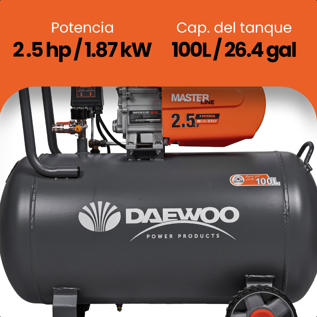 Foto 7 pulgar | Compresor De Aire  Lubricado  Horizontal 100l 2hp 110v (+kit) Daewoo