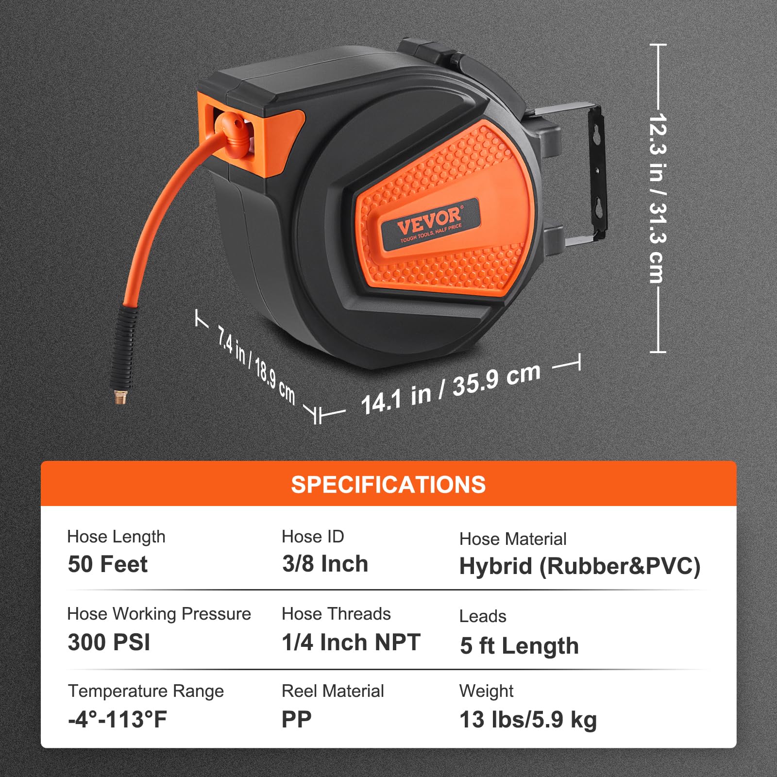Foto 7 | Manguera De Aire Retráctil Vevor, 3/8 Pulgadas X 50 Pies, Híbrida, 300 Psi - Venta Internacional.
