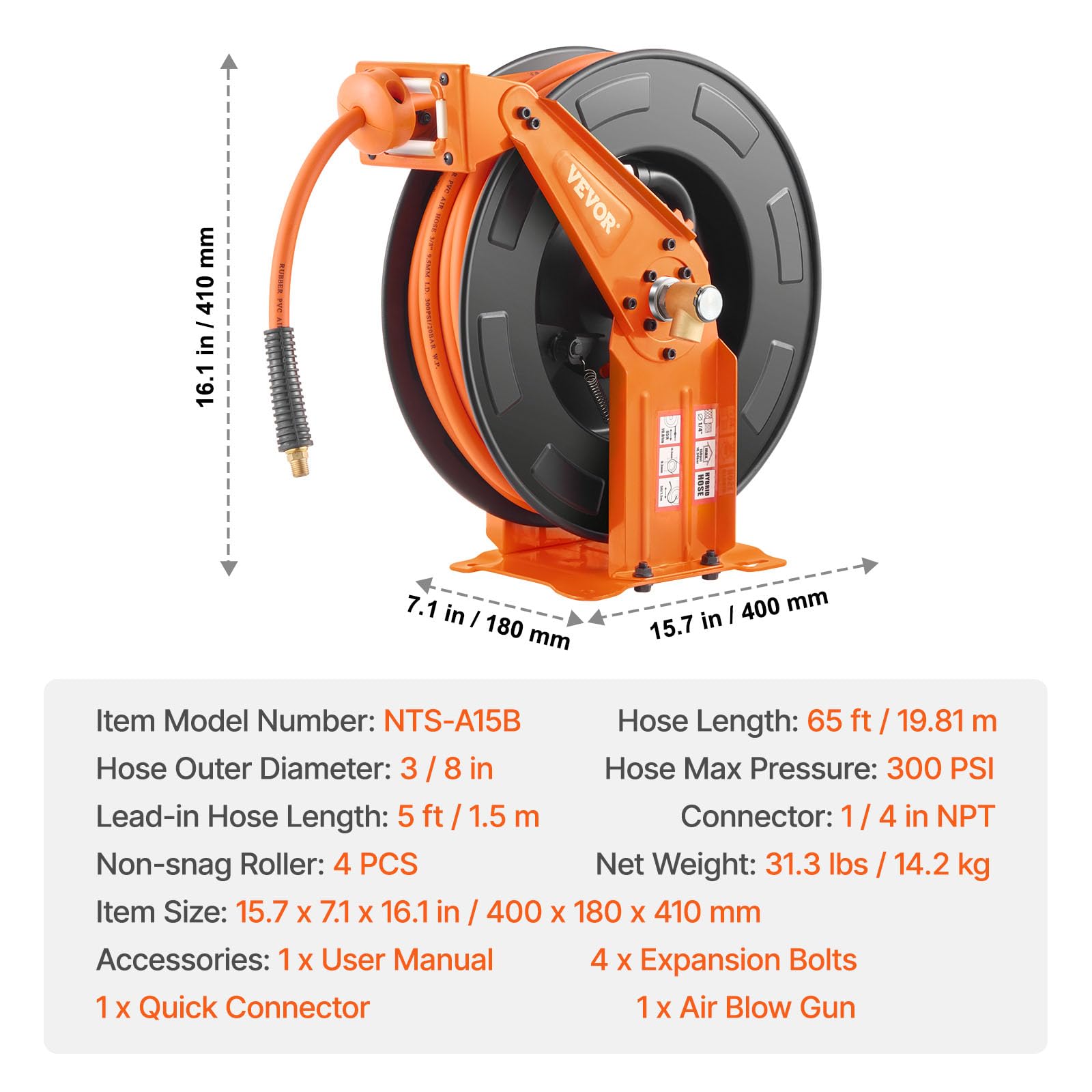 Foto 7 | Manguera De Aire Retráctil Vevor Híbrida De 3/8 X 65 Pies, 300 Psi - Venta Internacional.