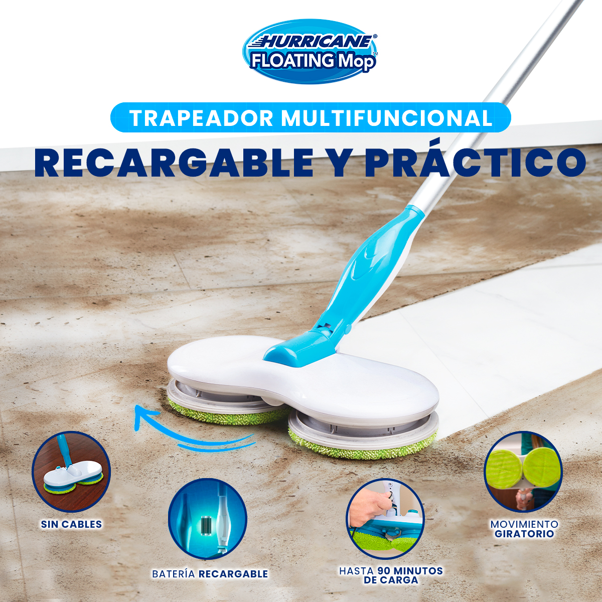 Foto 4 pulgar | Hurricane Floating Mop Trapeador Automático Eléctrico Tv Ofertas Blanco 6 Almohadillas Lavables