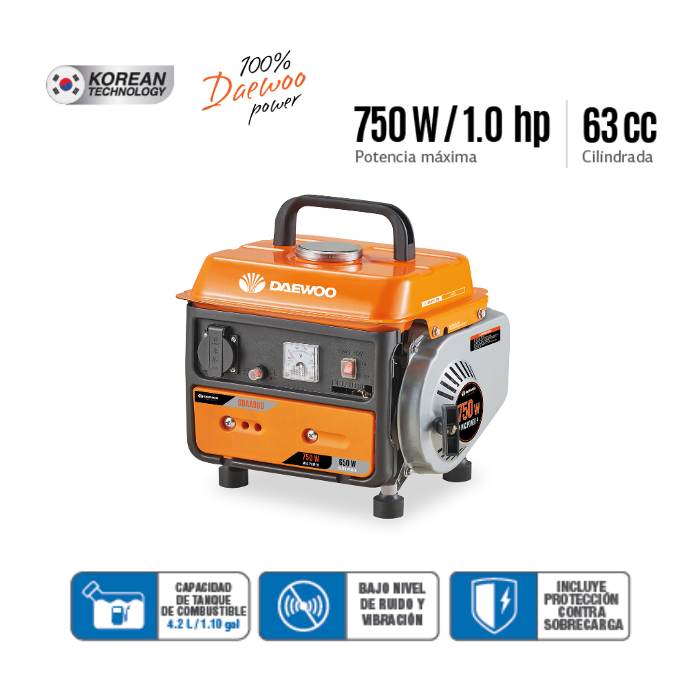Foto 3 pulgar | Generador Eléctrico Portátil A Gasolina Daewoo Gdaa980 Color Naranja Y Negro Bajo Ruido Y Vibración 750w