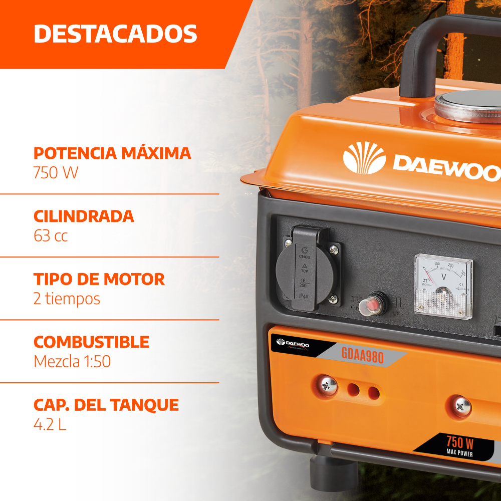 Foto 4 pulgar | Generador Eléctrico Portátil A Gasolina Daewoo Gdaa980 Color Naranja Y Negro Bajo Ruido Y Vibración 750w