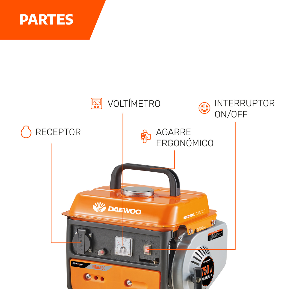 Foto 5 pulgar | Generador Eléctrico Portátil A Gasolina Daewoo Gdaa980 Color Naranja Y Negro Bajo Ruido Y Vibración 750w